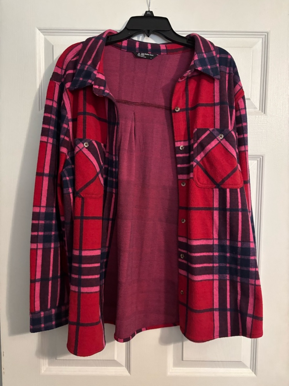 Button-Down Plaid Flannel Shirt Jacket in Red and Pink